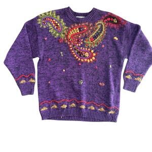 Rebecca Stone Women's Purple Embroidered Crew Neck Long Sleeves Sweater Size M